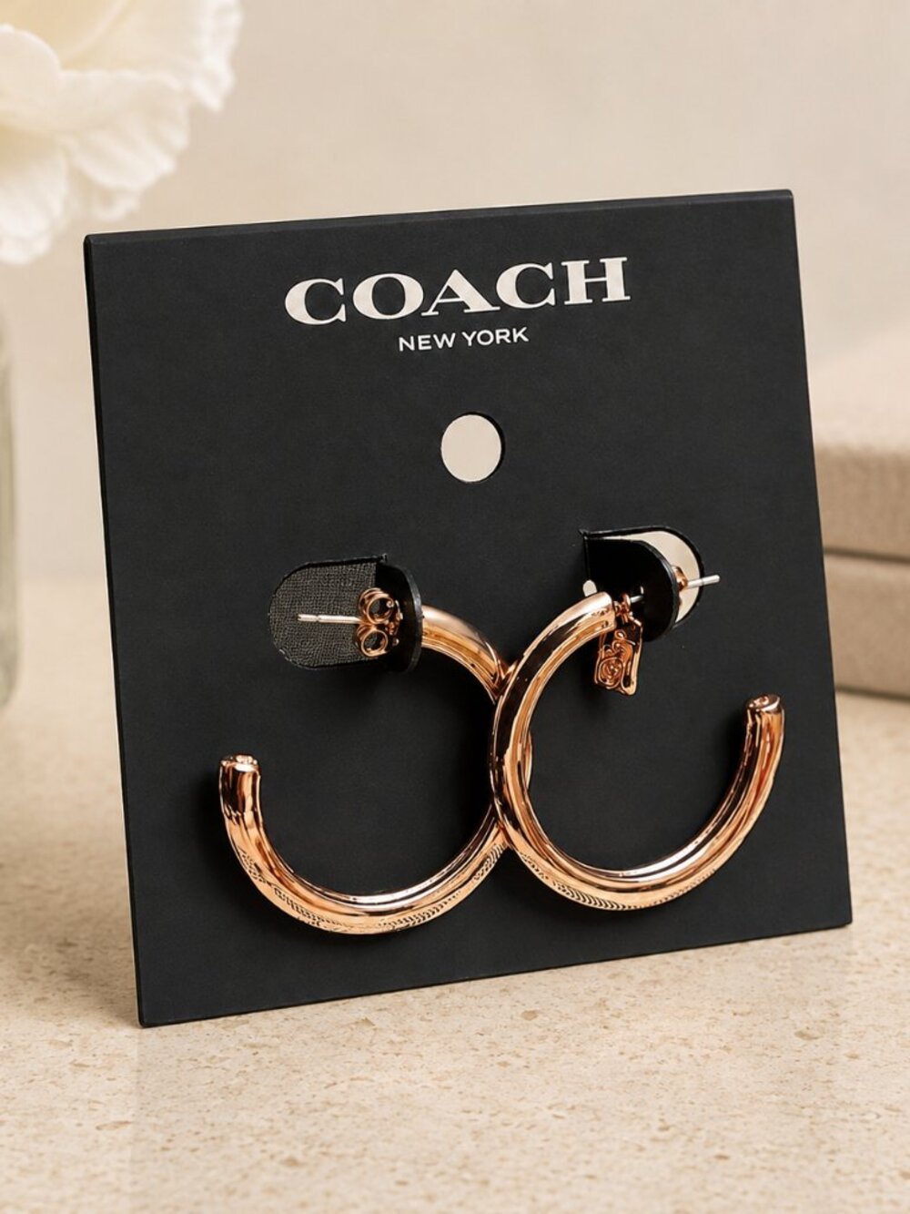 Coach Rose Gold Signature C Logo Hoop Earrings Post Backs NWT - Picture 3 of 3
